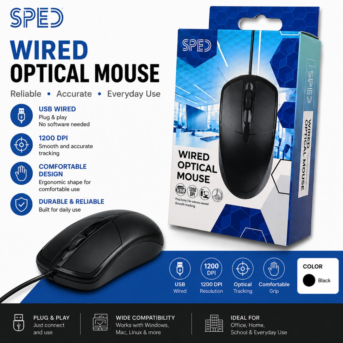 SPED Wired Optical Mouse USB 1200 DPI Black – New