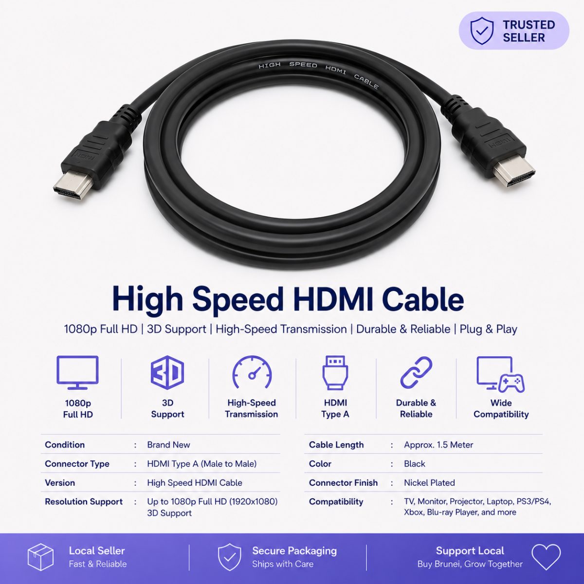 High Speed HDMI Cable 1.5m – 1080p Full HD / 3D – HDMI Male to Male