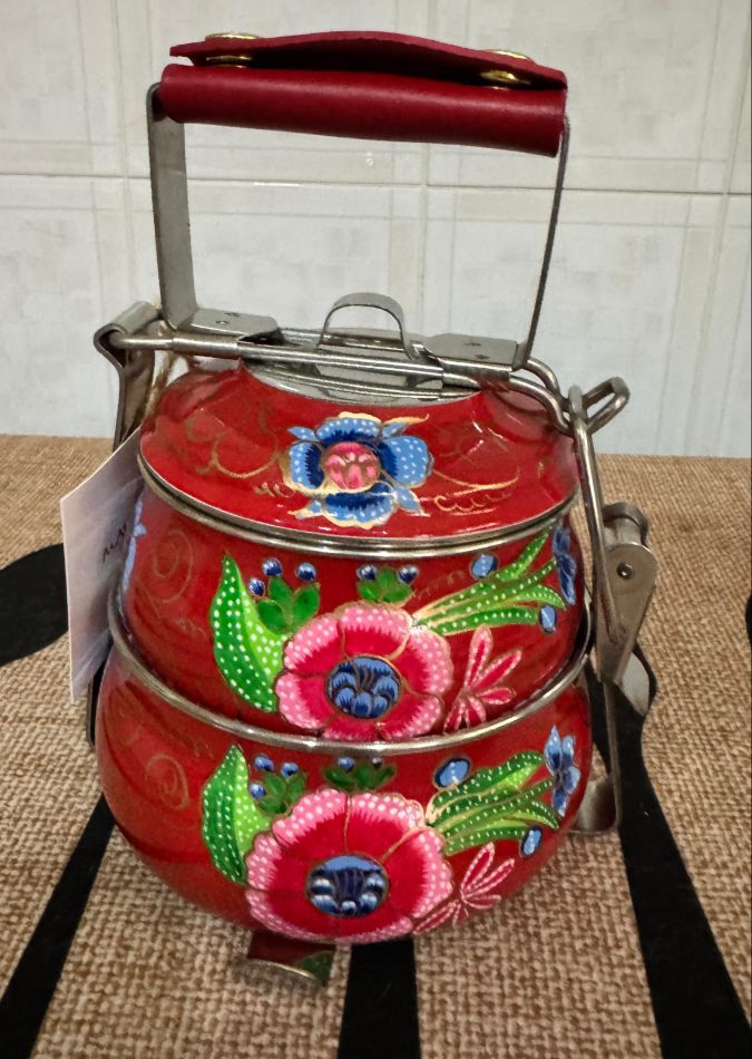 Maisarah - Vintage-Style Red Floral 2-Tier Hand-Painted Stainless Steel Tiffin Carrier / Food Container