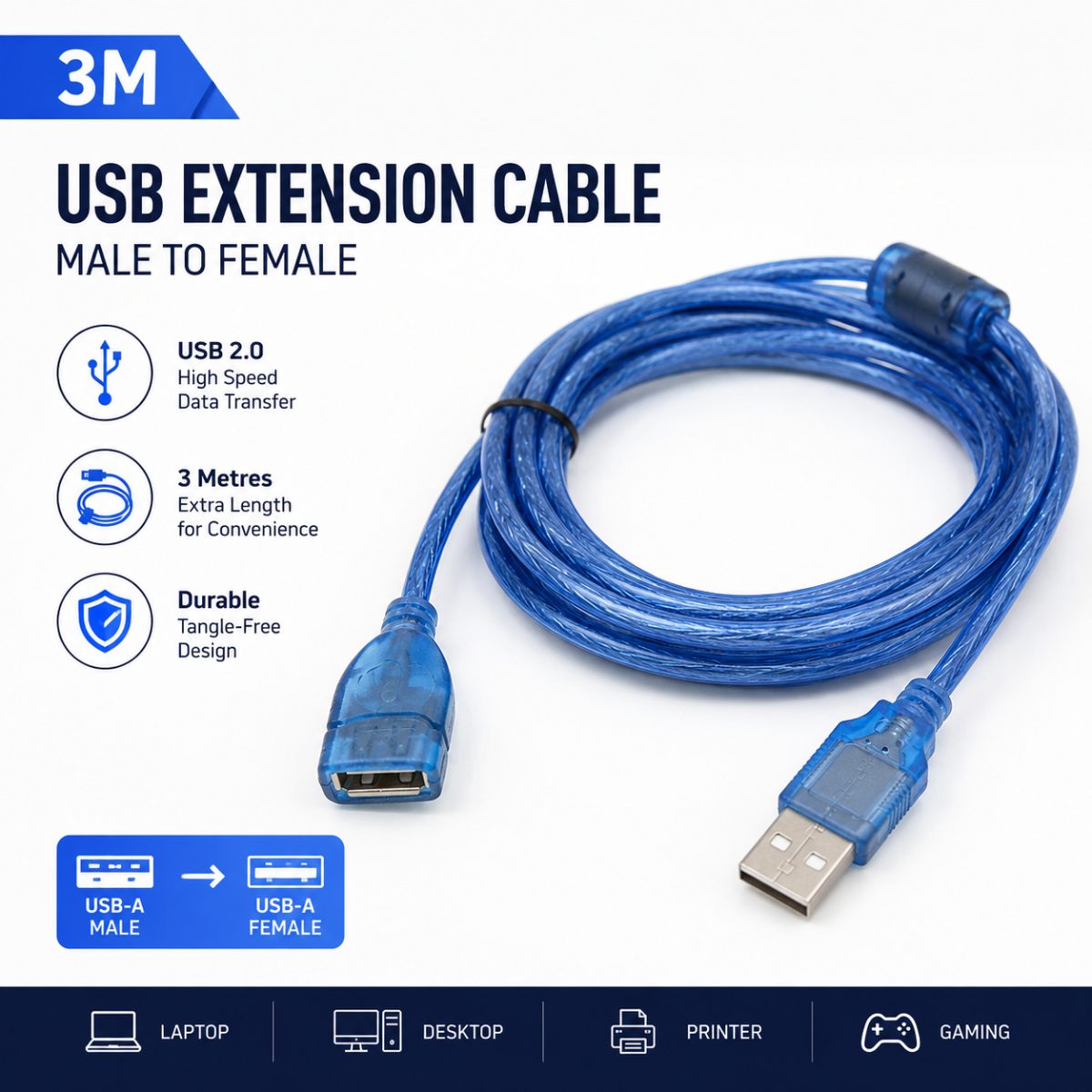 3M USB 2.0 Extension Cable – USB-A Male to Female