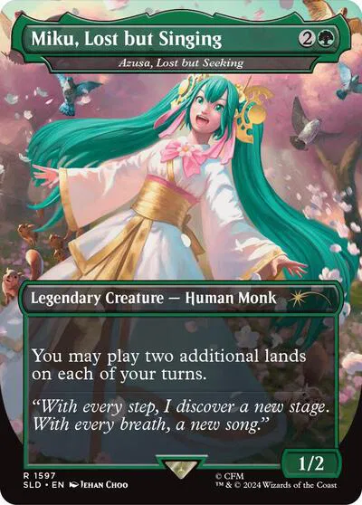 Miku Lost But Singing Azusa Lost but Seeking Rare 1597 Rainbow Foil Secret Lair Drop Series Vocaloid Hatsune Miku MTG Magic the Gathering Trading Card Game TCG