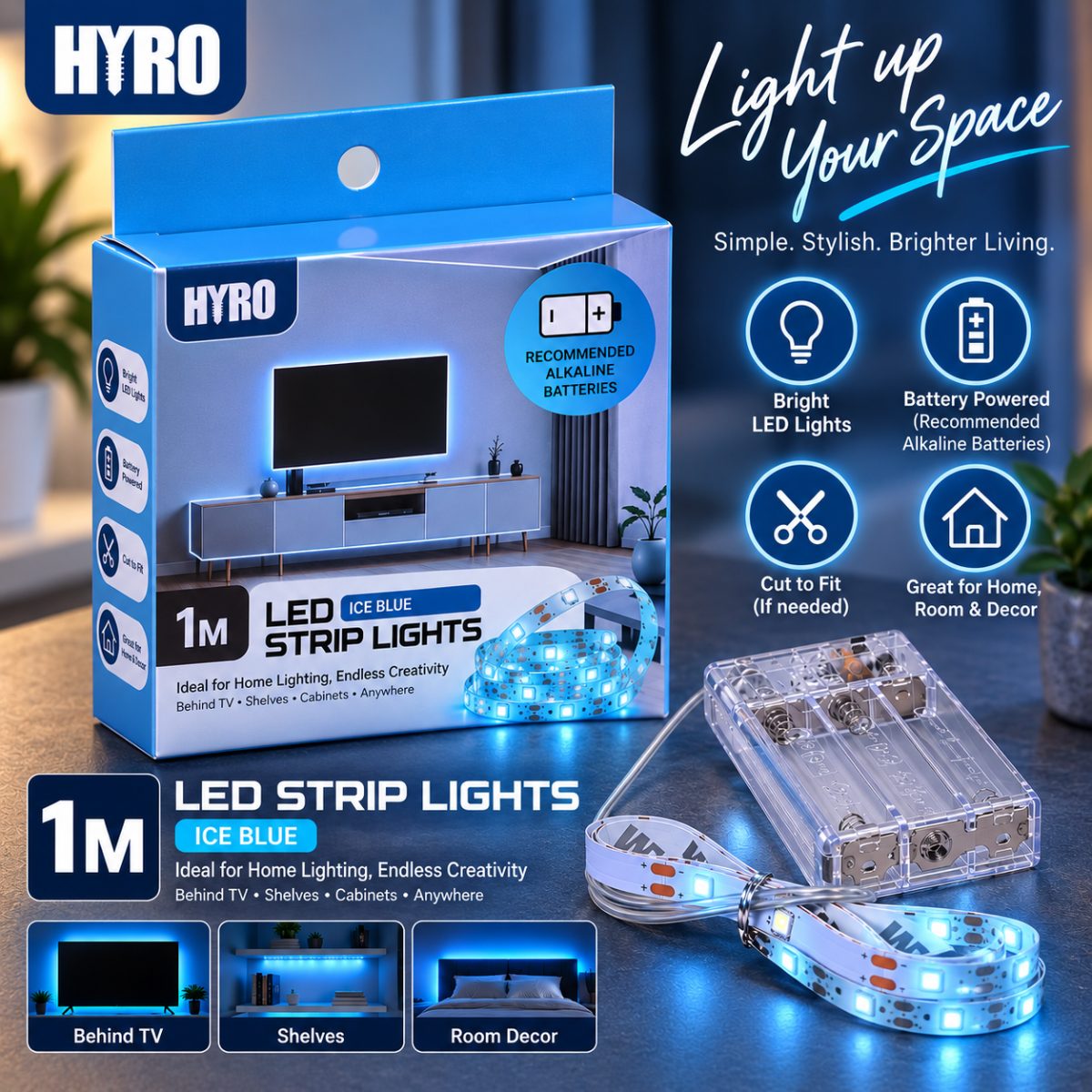 Hyro LED Strip Lights 1M Ice Blue Battery Powered